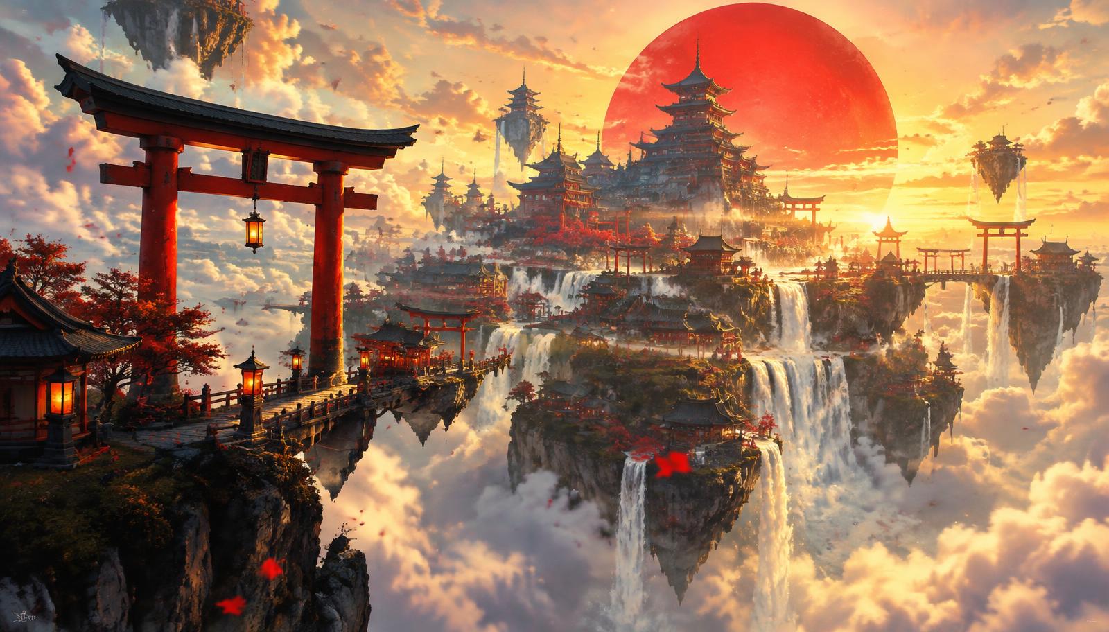 Floating sky shrine city of Takamagahara at dawn