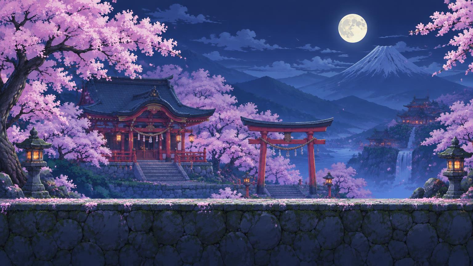 Sakura Blossom Shrine — illustrated 2D side-scrolling environment